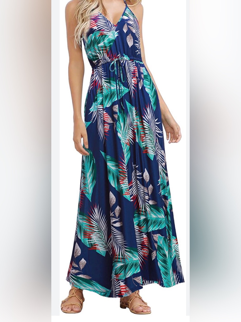 Huskyary Tropical Navy Halter Maxi Dress with Drawstring Waist Sz L (0189)